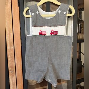 Smocked Firetruck Jon Jon romper shortall embroidered baby boy gingham vintage